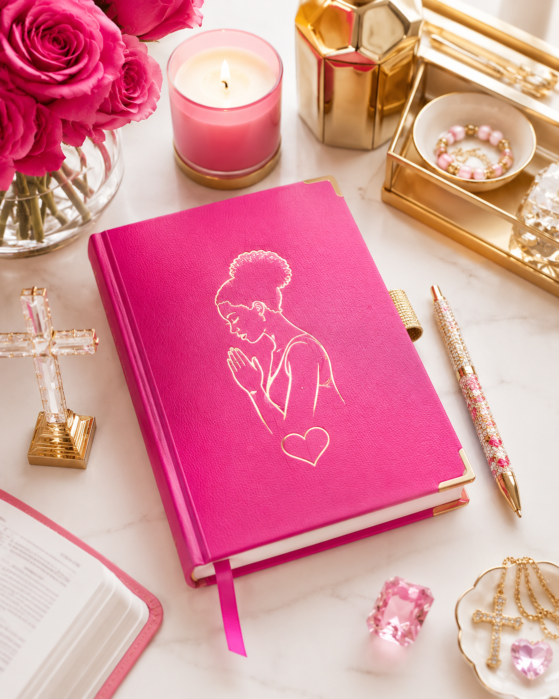Pink and gold prayer journal on a marble desk with roses, a crystal cross, and a pink candle